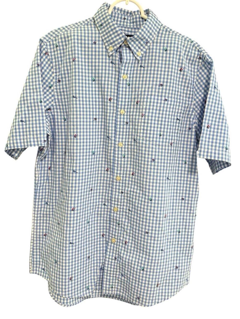 Chaps Men’s Medium Shirt Fishing Lures Pattern On Button Up Shirt Blue-Checked